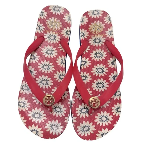 TORY‎ BURCH RED NANTUCKET DAISY FLORAL FLIP SANDALS Size 9 - Picture 6 of 8